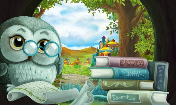 cartoon scene with owl in the tree hole in the forest reading book - illustration for children