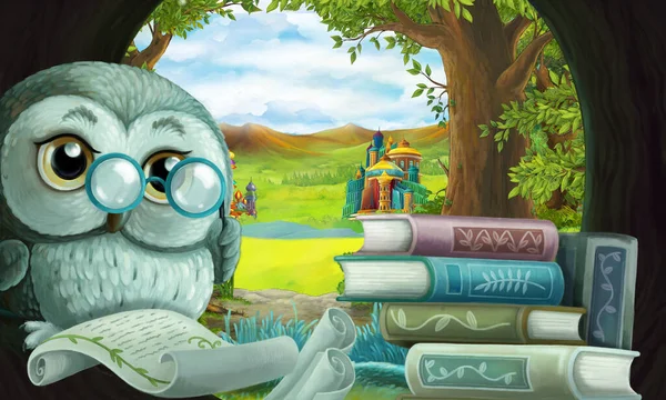 cartoon scene with owl in the tree hole in the forest reading book - illustration for children