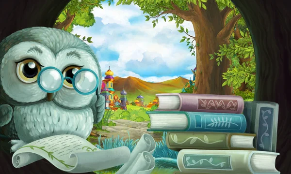 cartoon scene with owl in the tree hole in the forest reading book - illustration for children