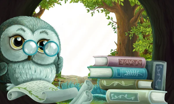 cartoon scene with owl in the tree hole in the forest reading book - illustration for children