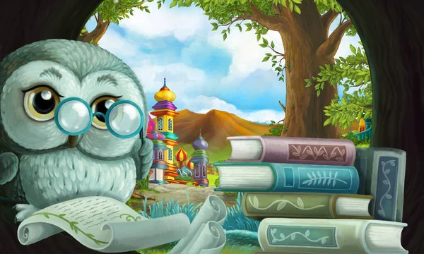 cartoon scene with owl in the tree hole in the forest reading book - illustration for children