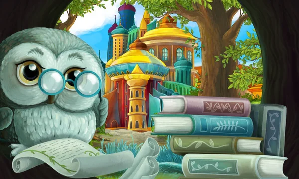 cartoon scene with owl in the tree hole in the forest reading book - illustration for children