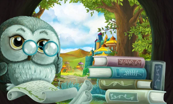 cartoon scene with owl in the tree hole in the forest reading book - illustration for children