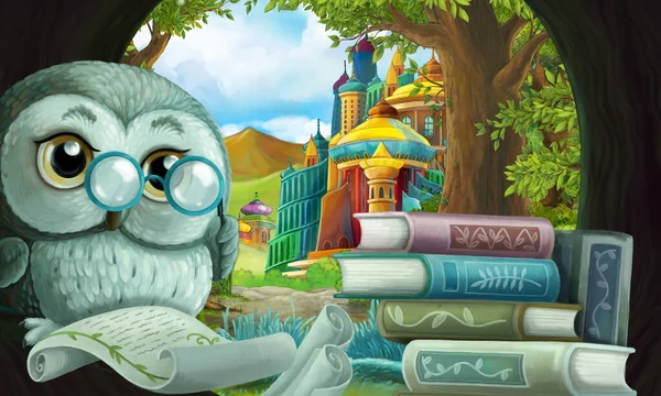 cartoon scene with owl in the tree hole in the forest reading book - illustration for children