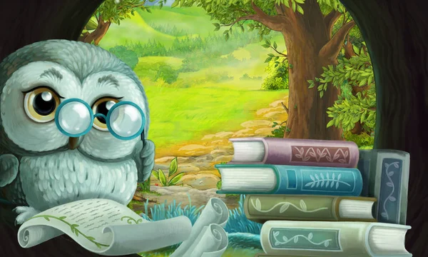 cartoon scene with owl in the tree hole in the forest reading book - illustration for children