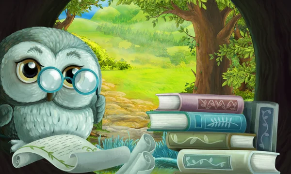 Cartoon Scene Owl Tree Hole Forest Reading Book Illustration Children — Stock Photo, Image