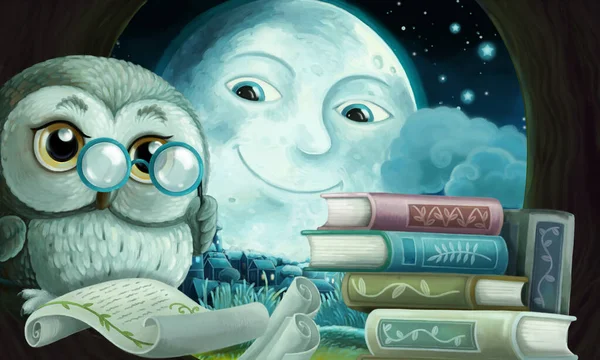 Cartoon Scene Wise Owl Its Tree House Learning Reading Books — Stock Photo, Image