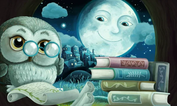 Cartoon Scene Wise Owl Its Tree House Learning Reading Books — Stock Photo, Image