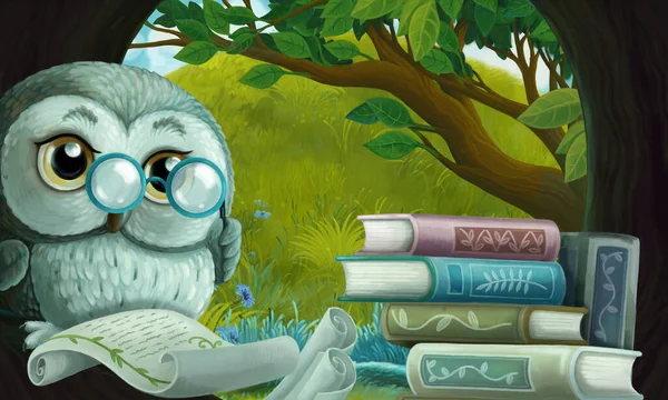 cartoon scene with wise owl in its tree house learning reading books - illustration for children