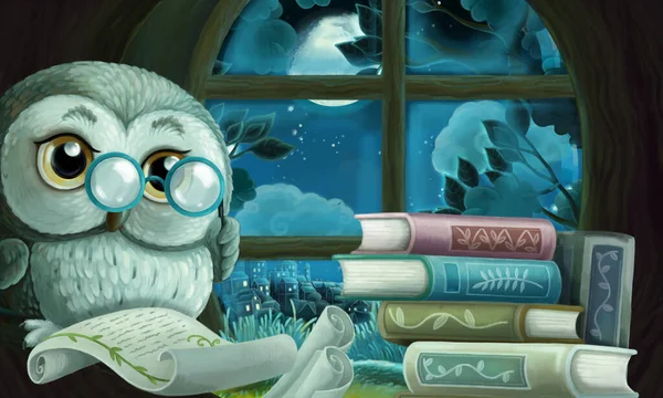 cartoon scene with wise owl in its tree house learning reading books - illustration for children