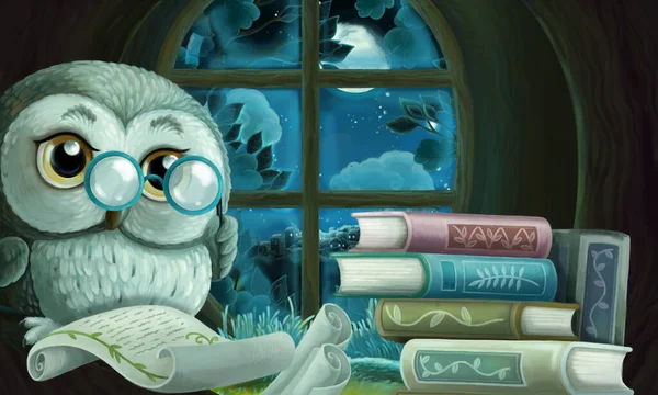 cartoon scene with wise owl in its tree house learning reading books - illustration for children