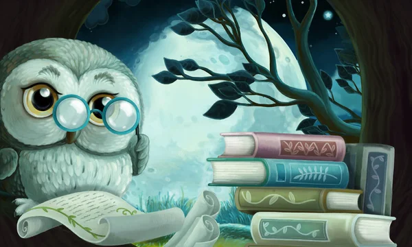 Adegan Kartun Dengan Burung Hantu Rumah Pohonnya Belajar Membaca Buku — Stok Foto