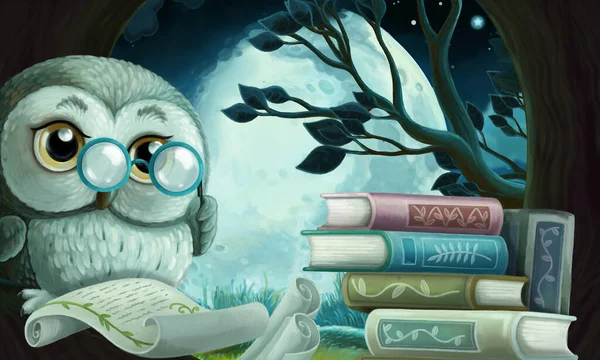 cartoon scene with wise owl in its tree house learning reading books - illustration for children