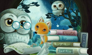 Ağaç evinde bilge baykuşun olduğu çizgi film sahnesi arkadaşlarıyla kitap okumayı öğreniyor - çocuklar için illüstrasyon