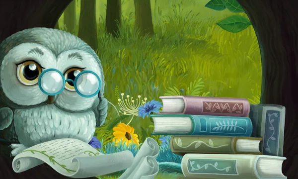 cartoon scene with wise owl in its tree house learning reading books - illustration for children