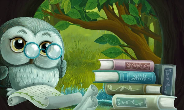 树屋里有聪明猫头鹰的卡通画 学习读书 儿童图解 — 图库照片