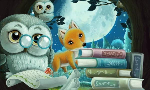 cartoon scene with wise owl in its tree house learning reading books with friends - illustration for children