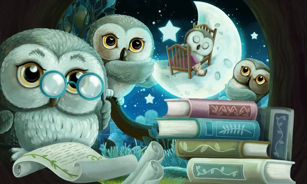 cartoon scene with wise owl in its tree house learning reading books with friends - illustration for children