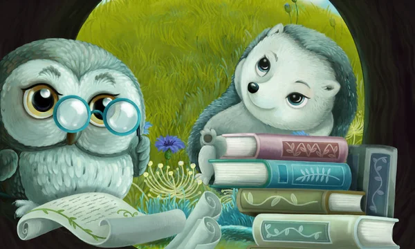 cartoon scene with wise owl in its tree house learning reading books with friends - illustration for children