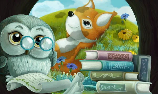 cartoon scene with wise owl in its tree house learning reading books with friends - illustration for children