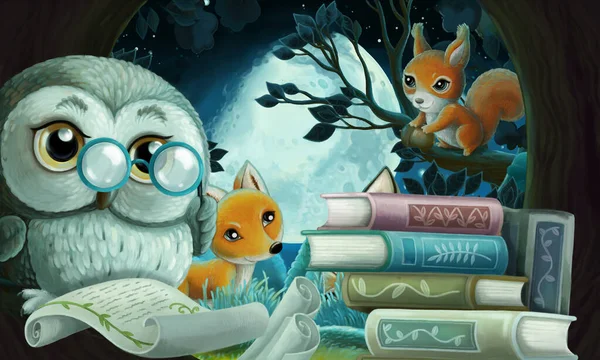 友人と読書本を読んでいる木の家で賢いフクロウと漫画シーン 子供のためのイラスト — ストック写真