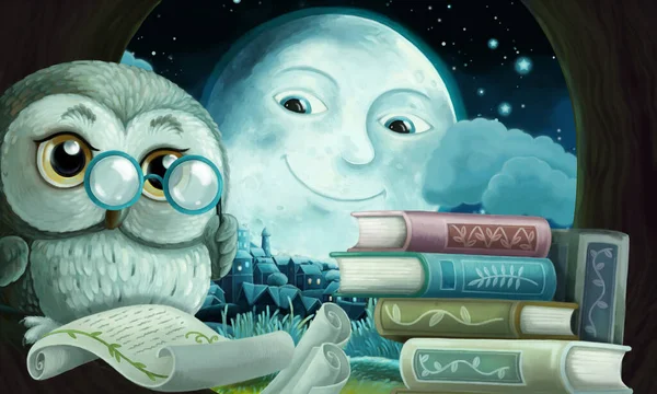 Cartoon Scene Wise Owl Its Tree House Learning Reading Books — Stock Photo, Image