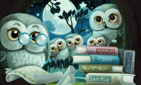 cartoon scene with wise owl in its tree house learning reading books near the city - illustration for children
