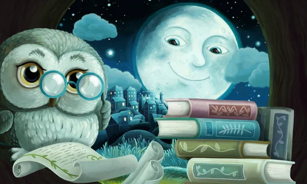 cartoon scene with wise owl in its tree house learning reading books near the city - illustration for children