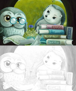 Ağaç evinde bilge baykuşun olduğu çizgi film skeç sahnesi arkadaşlarıyla kitap okumayı öğreniyor - çocuklar için illüstrasyon