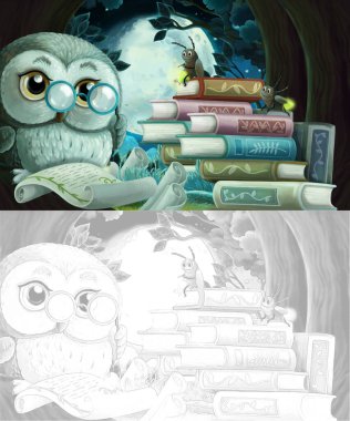 Ağaç evinde bilge baykuşun olduğu çizgi film skeç sahnesi - çocuklar için illüstrasyon - okuma kitapları