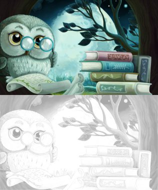 Ağaç evinde bilge baykuşun olduğu çizgi film skeç sahnesi - çocuklar için illüstrasyon - okuma kitapları