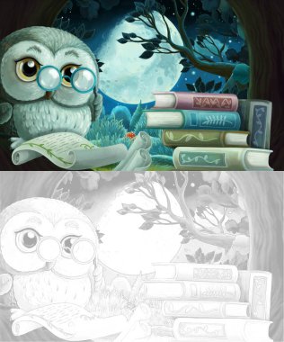 Ağaç evinde bilge baykuşun olduğu çizgi film skeç sahnesi - çocuklar için illüstrasyon - okuma kitapları