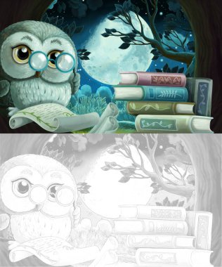 Ağaç evinde bilge baykuşun olduğu çizgi film skeç sahnesi - çocuklar için illüstrasyon - okuma kitapları