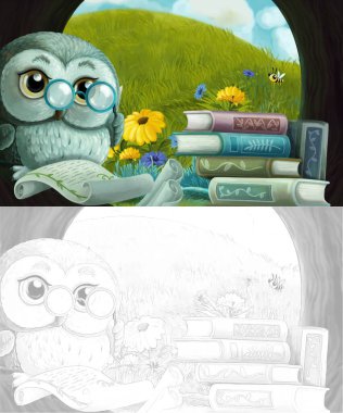 Ağaç evinde bilge baykuşun olduğu çizgi film skeç sahnesi - çocuklar için illüstrasyon - okuma kitapları