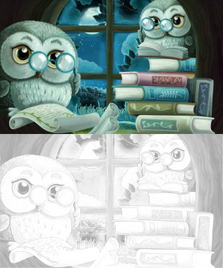 Ağaç evinde bilge baykuşun olduğu çizgi film skeç sahnesi arkadaşlarıyla kitap okumayı öğreniyor - çocuklar için illüstrasyon