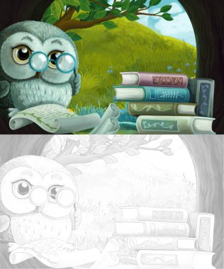 Ağaç evinde bilge baykuşun olduğu çizgi film skeç sahnesi - çocuklar için illüstrasyon - okuma kitapları