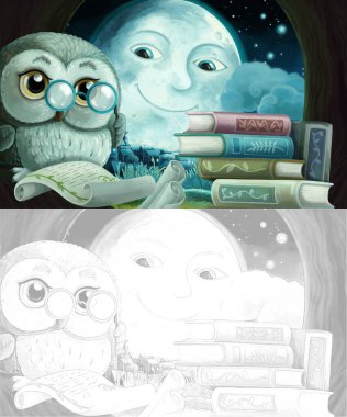 Ağaç evinde bilge baykuşun olduğu çizgi film skeç sahnesi arkadaşlarıyla kitap okumayı öğreniyor - çocuklar için illüstrasyon