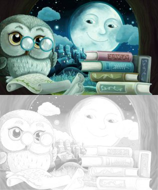 Ağaç evinde bilge baykuşun olduğu bir karikatür sahnesi. Şehrin yakınlarında kitap okumayı öğreniyor. Çocuklar için illüstrasyon.