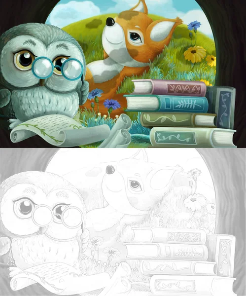 漫画のスケッチシーンは その木の家の読書本で賢いフクロウと 子供のためのイラスト — ストック写真