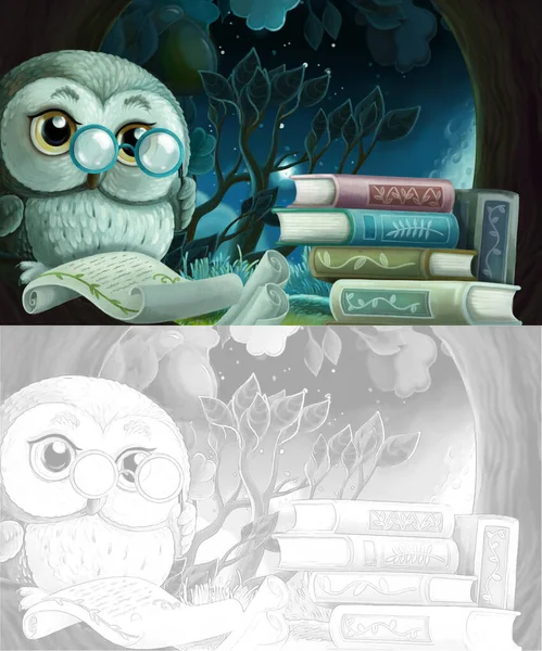 cartoon sketch scene with wise owl in its tree house learning reading books - illustration for children