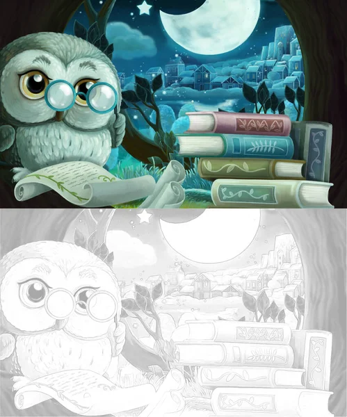 cartoon sketch scene with wise owl in its tree house learning reading books with friends - illustration for children