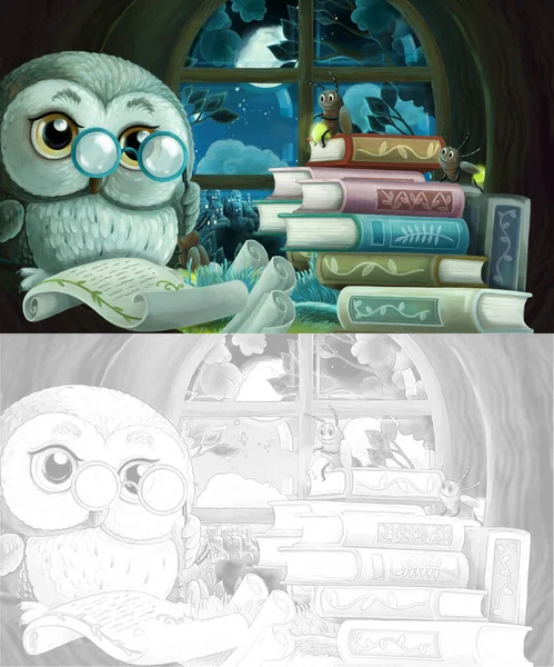 cartoon sketch scene with wise owl in its tree house learning reading books with friends - illustration for children