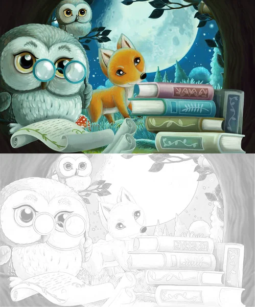 cartoon sketch scene with wise owl in its tree house learning reading books with friends - illustration for children