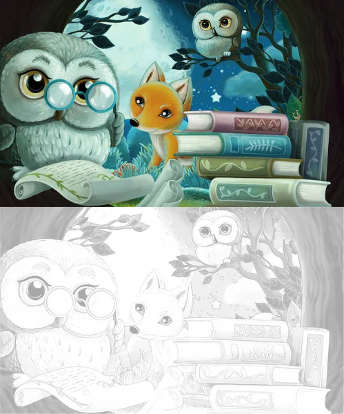 树屋里有聪明猫头鹰的卡通画场景和朋友一起学习看书 给孩子们的插图 — 图库照片