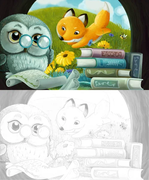 Kreslený Náčrtek Scény Moudrým Sova Svém Stromovém Domě Učení Čtení — Stock fotografie