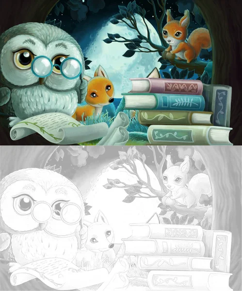 cartoon sketch scene with wise owl in its tree house learning reading books with friends - illustration for children