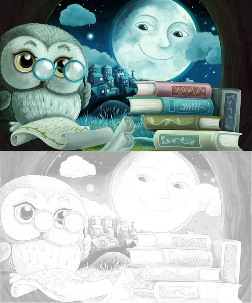 cartoon sketch scene with wise owl in its tree house learning reading books with friends - illustration for children