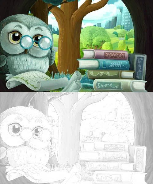 cartoon sketch scene with wise owl in its tree house learning reading books near the city - illustration for children