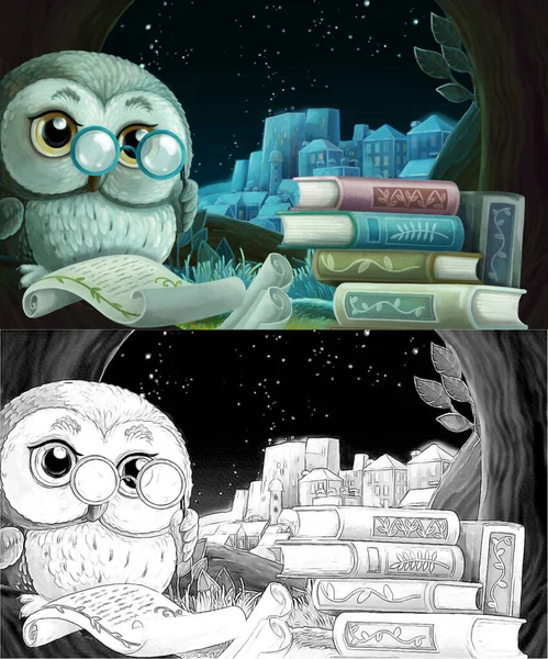cartoon sketch scene with wise owl in its tree house learning reading books near the city - illustration for children