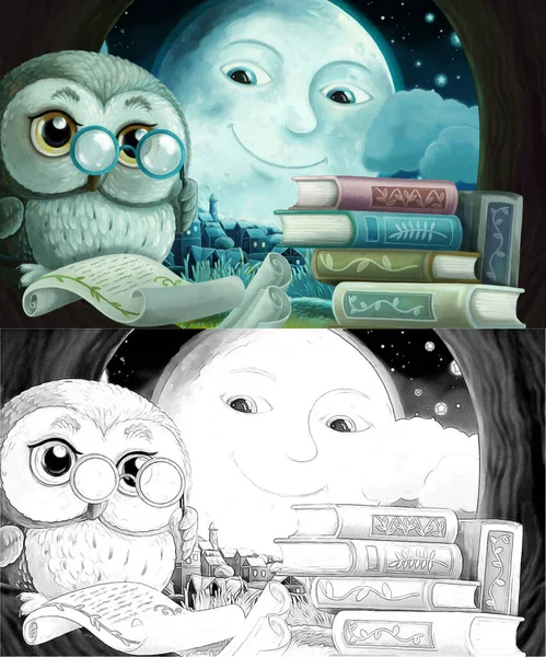 cartoon sketch scene with wise owl in its tree house learning reading books near the city - illustration for children